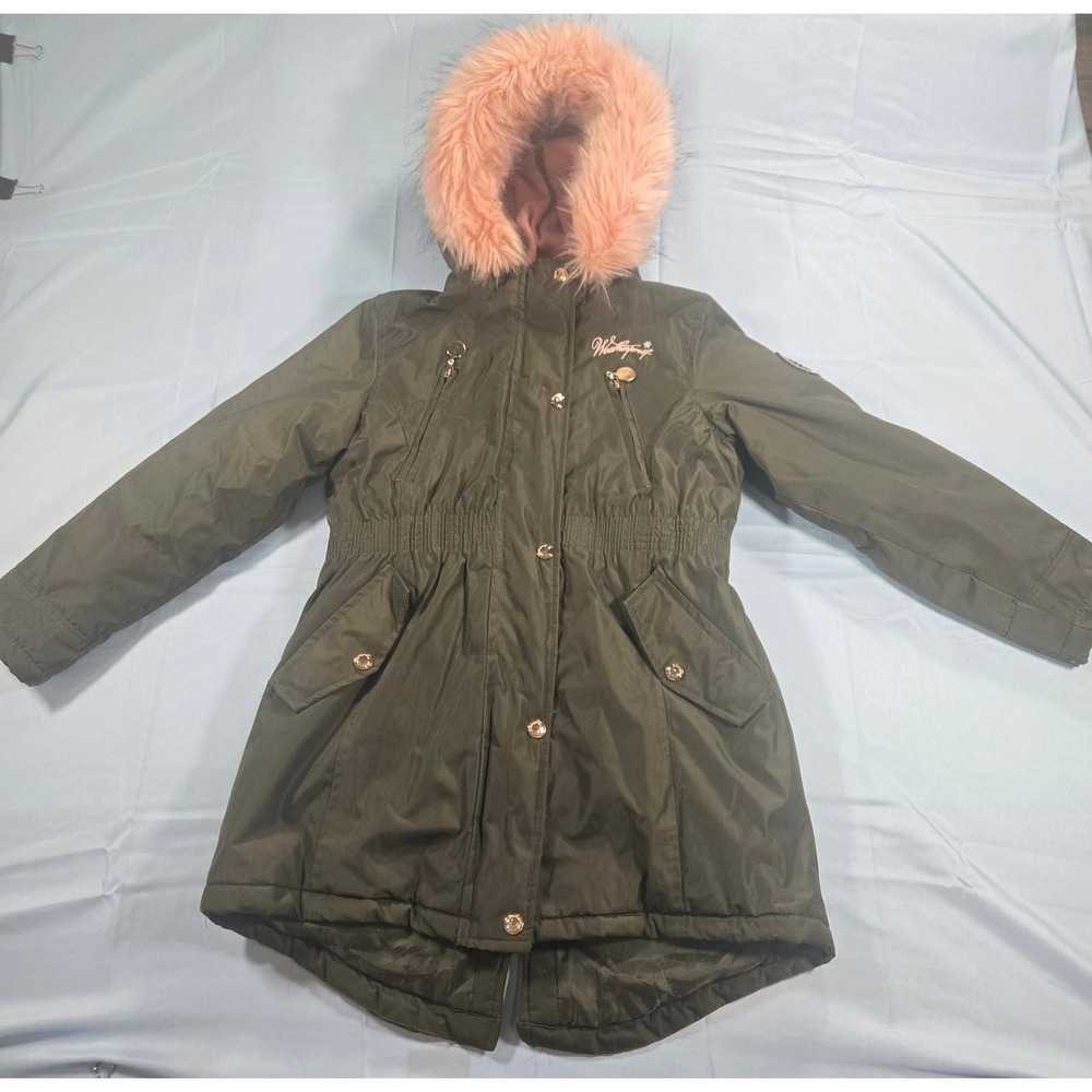 Weatherproof Girls Olive Green Parka Jacket Faux Fur Hood Fleece Lined Size 7/8